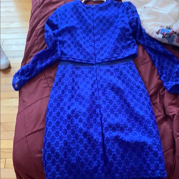 Royal Blue Formal Dress with Mesh Sleeves - Picture 3 of 6